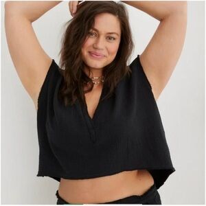 NWT Aerie Pool To Party Black Gauze Cropped T Shirt Size Medium NEW